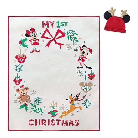 Disney Mickey Minnie Mouse My 1st Christmas Blanket & Hat Baby Holiday Photo Set